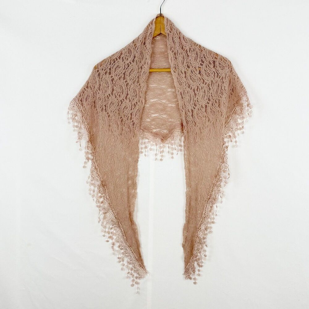 Women’s Pink Lace Triangle Shawl or Mantilla with Fringe Trim 64” X 18” - Picture 2 of 13